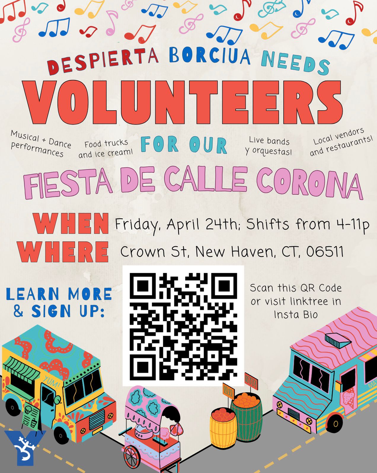 Despierta Boricua needs volunteers for Fiesta de Calle Corona. Shifts from 4-11PM. Scan QR code to sign up.